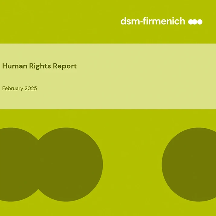 Cover of the dsm-firmenich Human Rights Report dated February 2025 with a green graphic design. (photo)