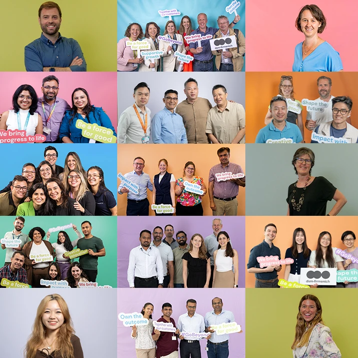 Collage of employees posing with positive message signs. (photo)