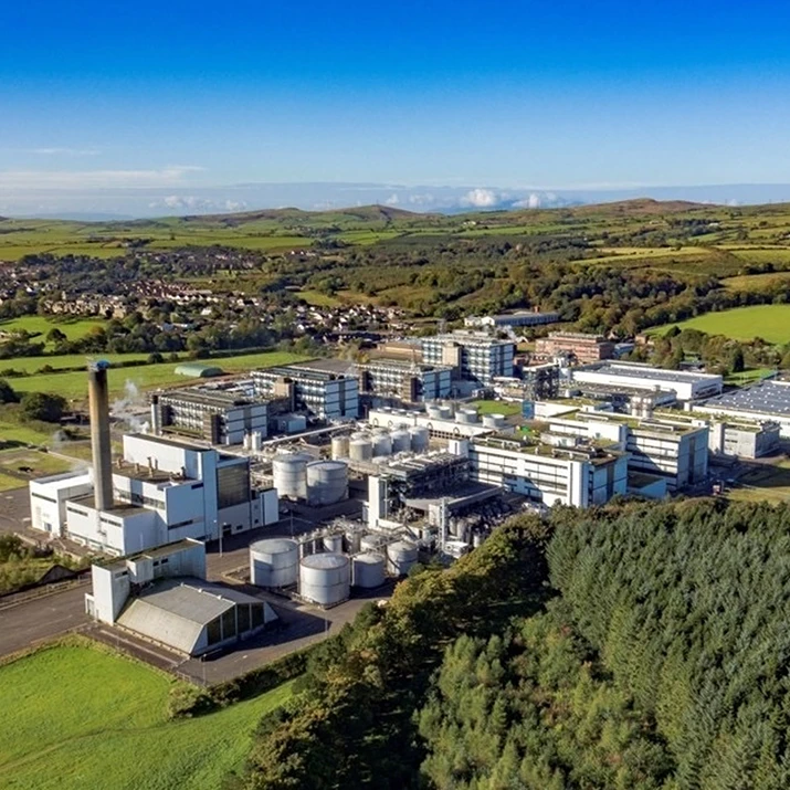 Aerial view of an industrial plant surrounded by green fields. (photo)